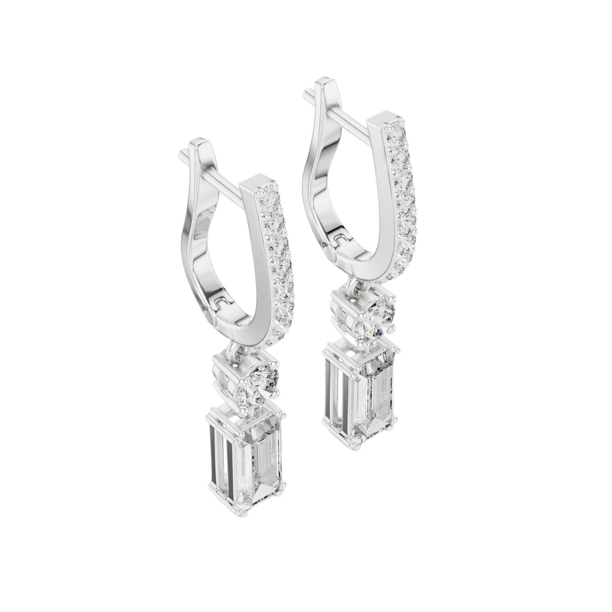 White gold drop earrings with baguette pavé hoops and emerald-cut accent stones