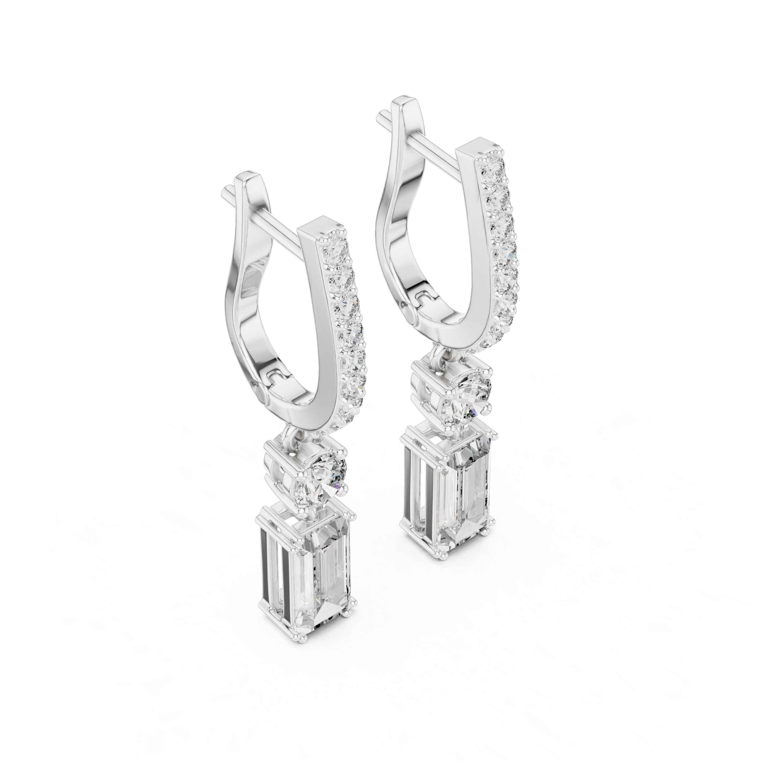 White gold hoop earrings with pavé detail and dangling baguette-style stones