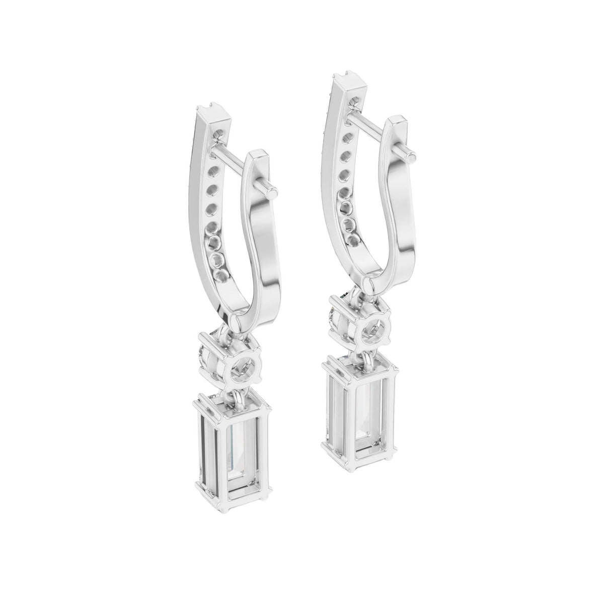 White gold drop earrings with pavé hoop settings and emerald-cut accent stones