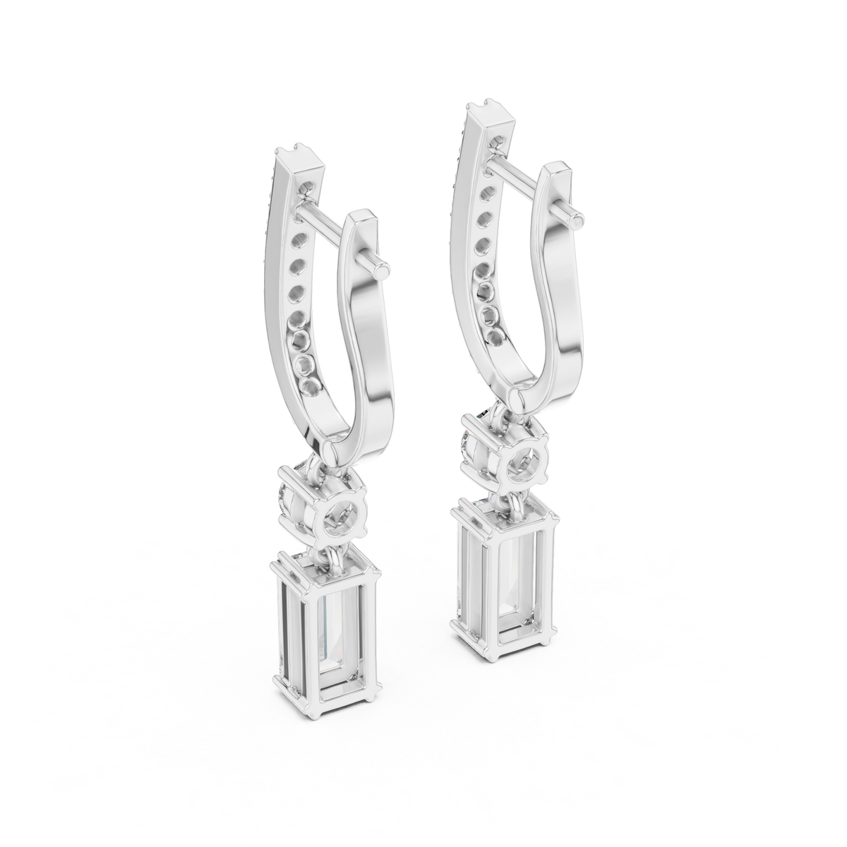 White gold drop earrings with pavé hoop settings and emerald-cut accent stones