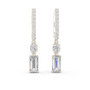 White gold drop earrings with baguette pave, round gemstone, and emerald-cut crystal