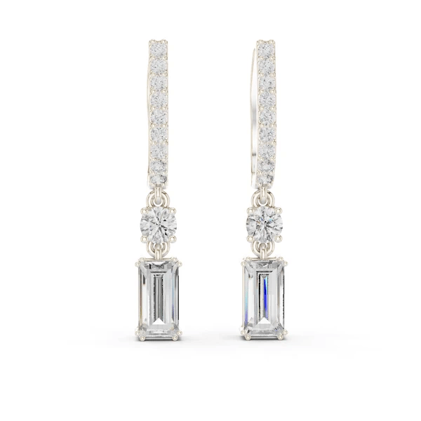 White gold drop earrings with baguette pave, round gemstone, and emerald-cut crystal