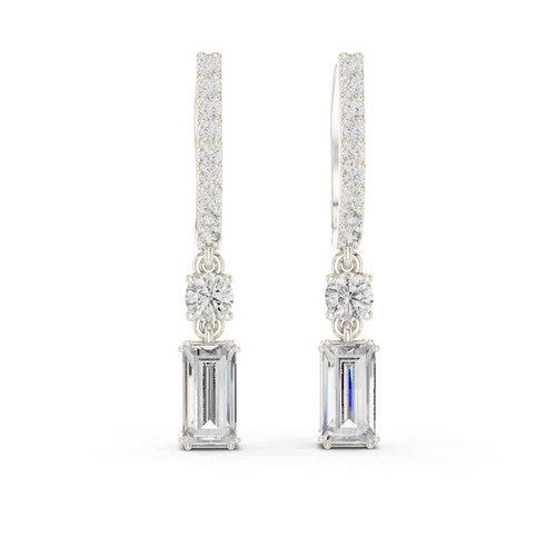 White gold drop earrings with baguette pave, round gemstone, and emerald-cut crystal