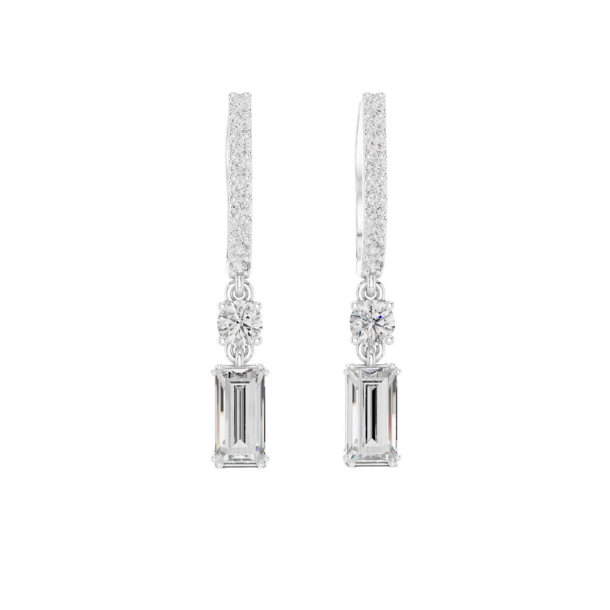Yellow gold drop earrings with baguette pavé hoops and emerald-cut accent stones
