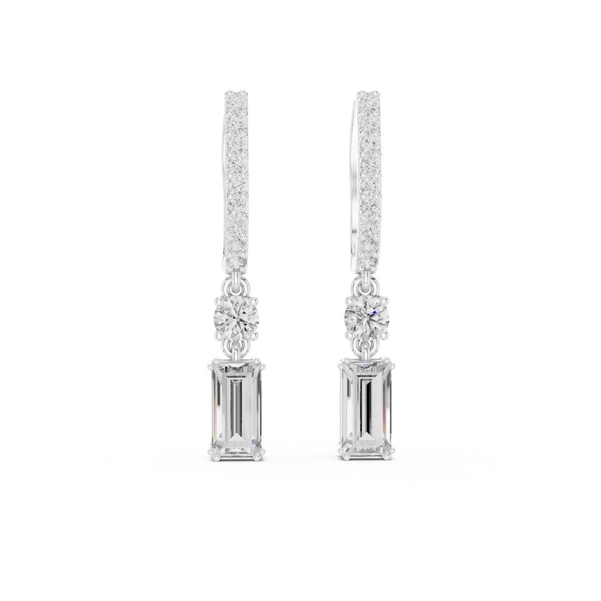 Yellow gold drop earrings with baguette pavé hoops and emerald-cut accent stones