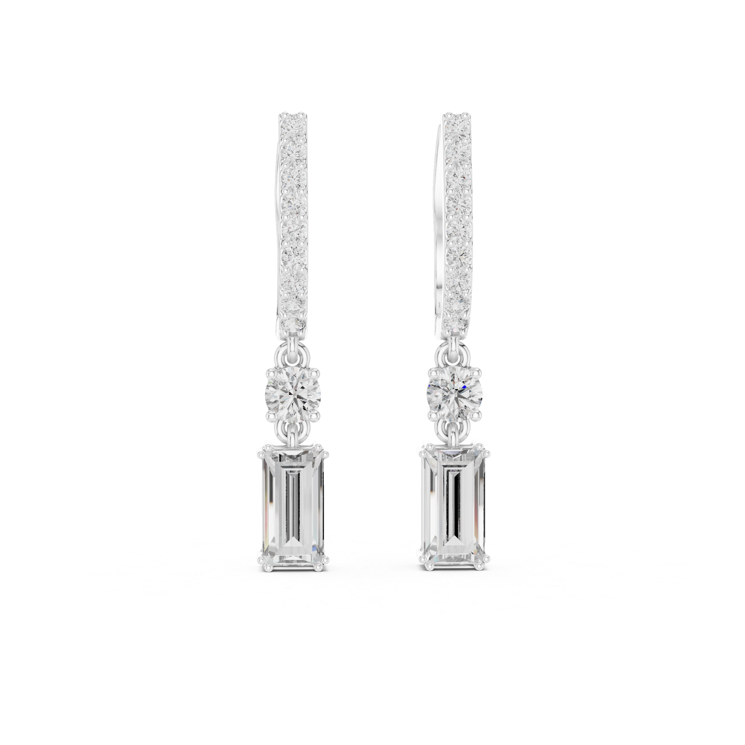 White gold dangle earrings with pavé bands and baguette-style stones