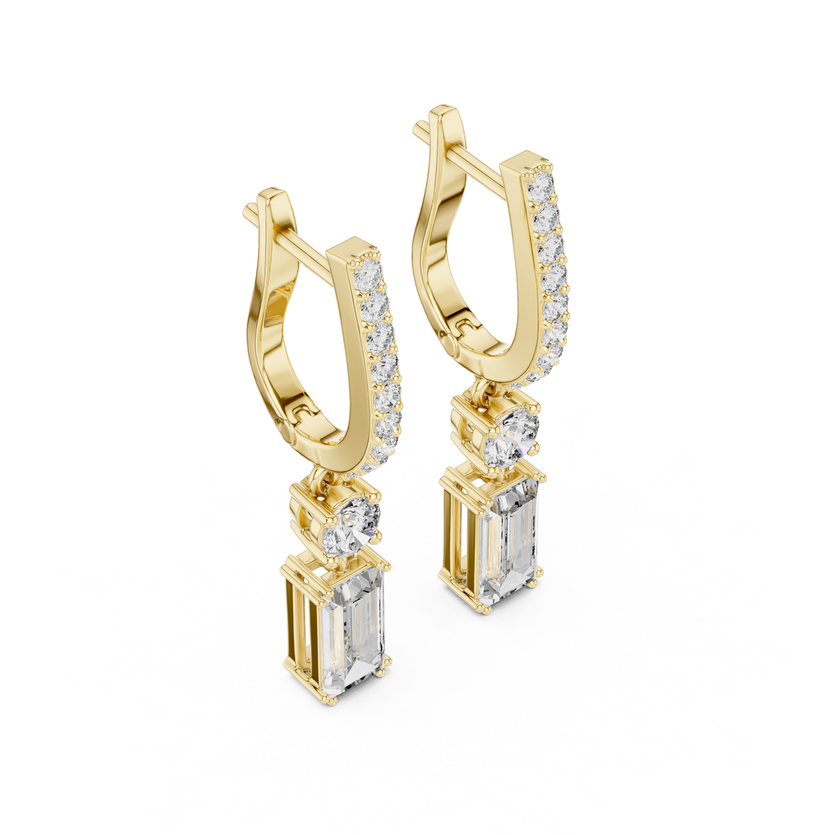 Yellow gold drop earrings with pavé hoop settings and emerald-cut accent stones