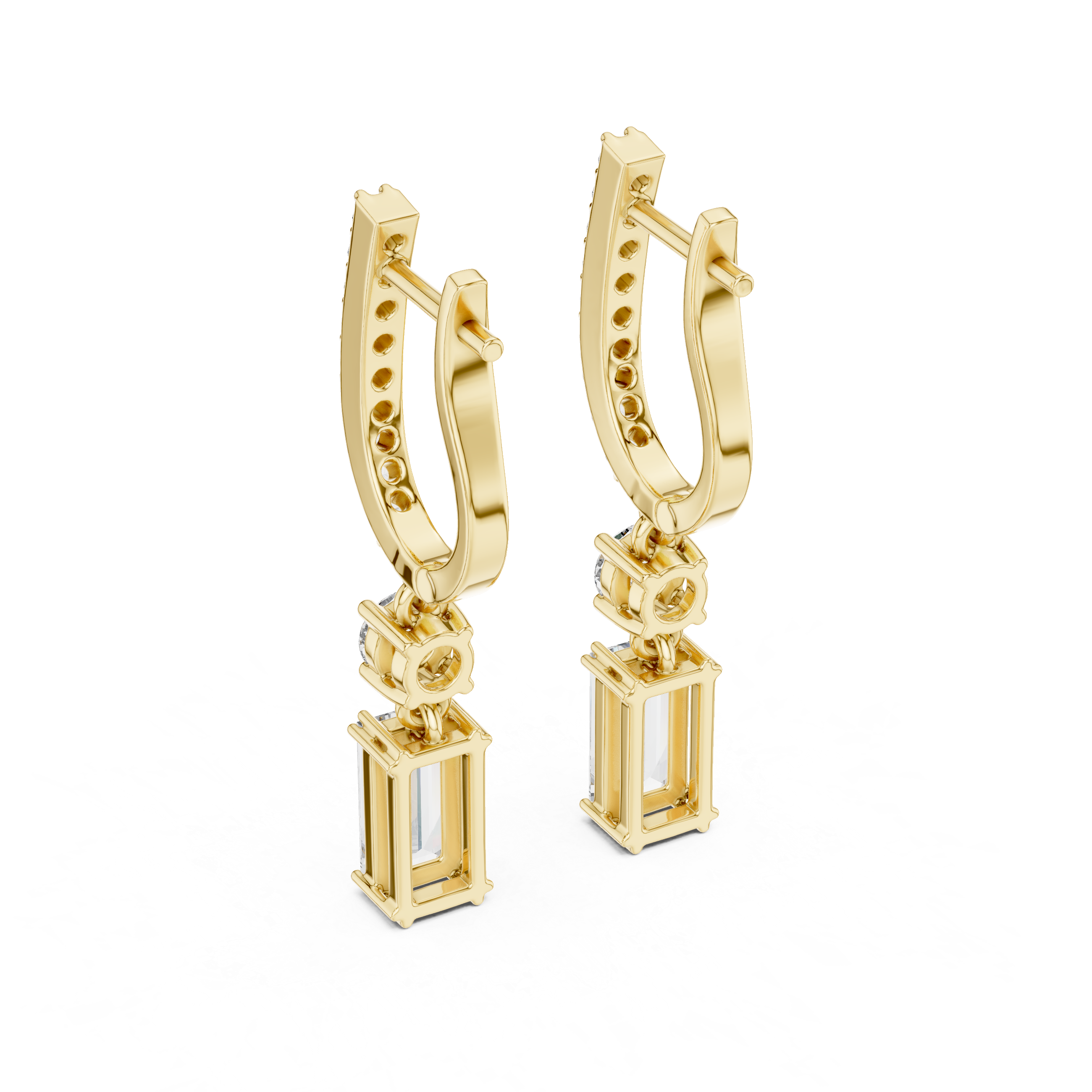 Yellow gold hoop earrings with pavé accents and baguette-style stone drop