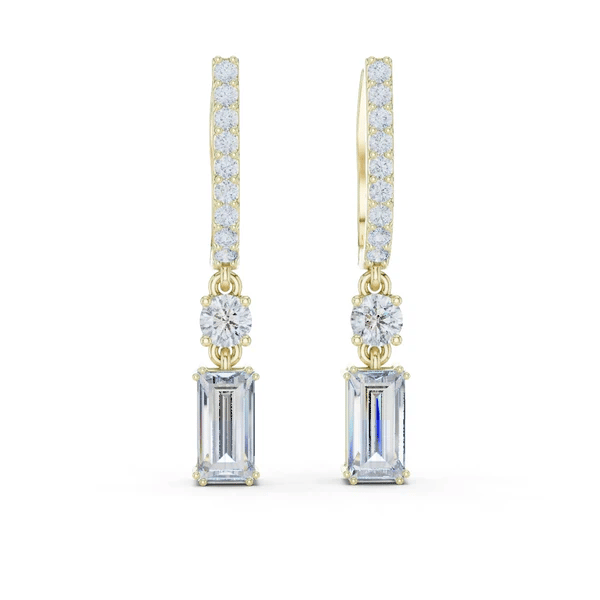 Yellow gold drop earrings with baguette pave, round gemstone, and emerald-cut crystal