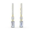 Yellow gold drop earrings with baguette pave, round gemstone, and emerald-cut crystal