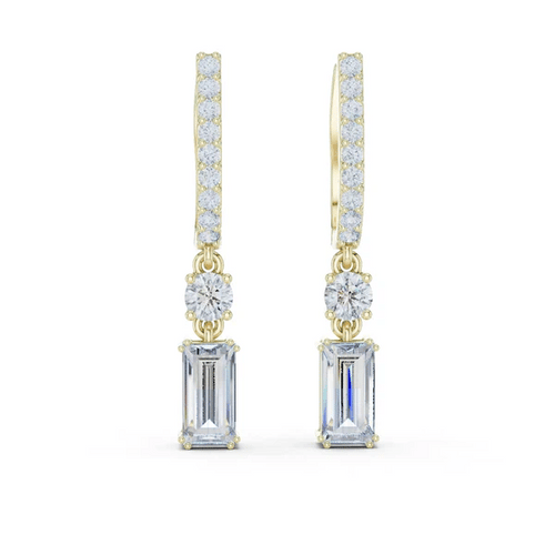 Yellow gold drop earrings with baguette pave, round gemstone, and emerald-cut crystal