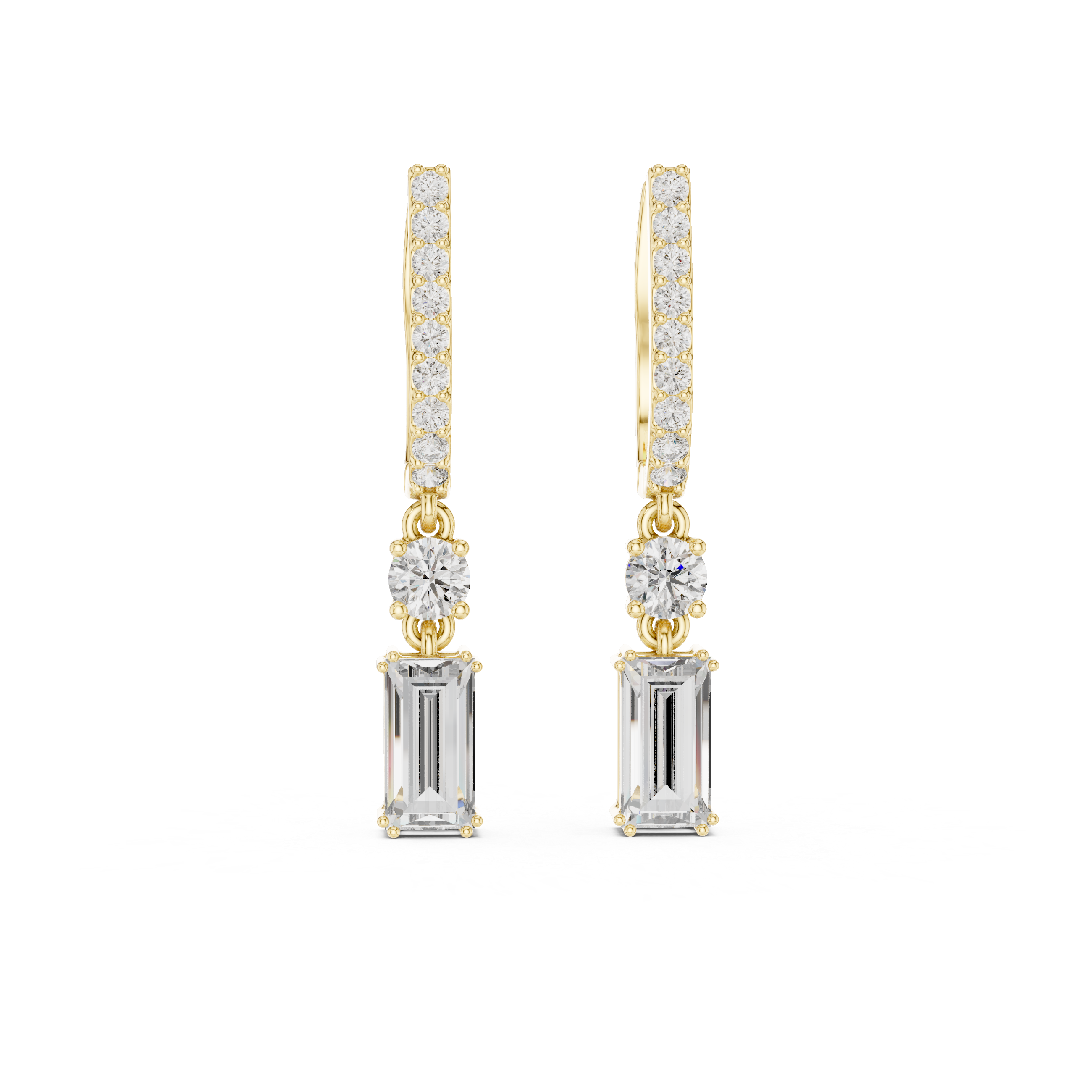 Yellow gold drop earrings with pavé bars and emerald-cut accent stones