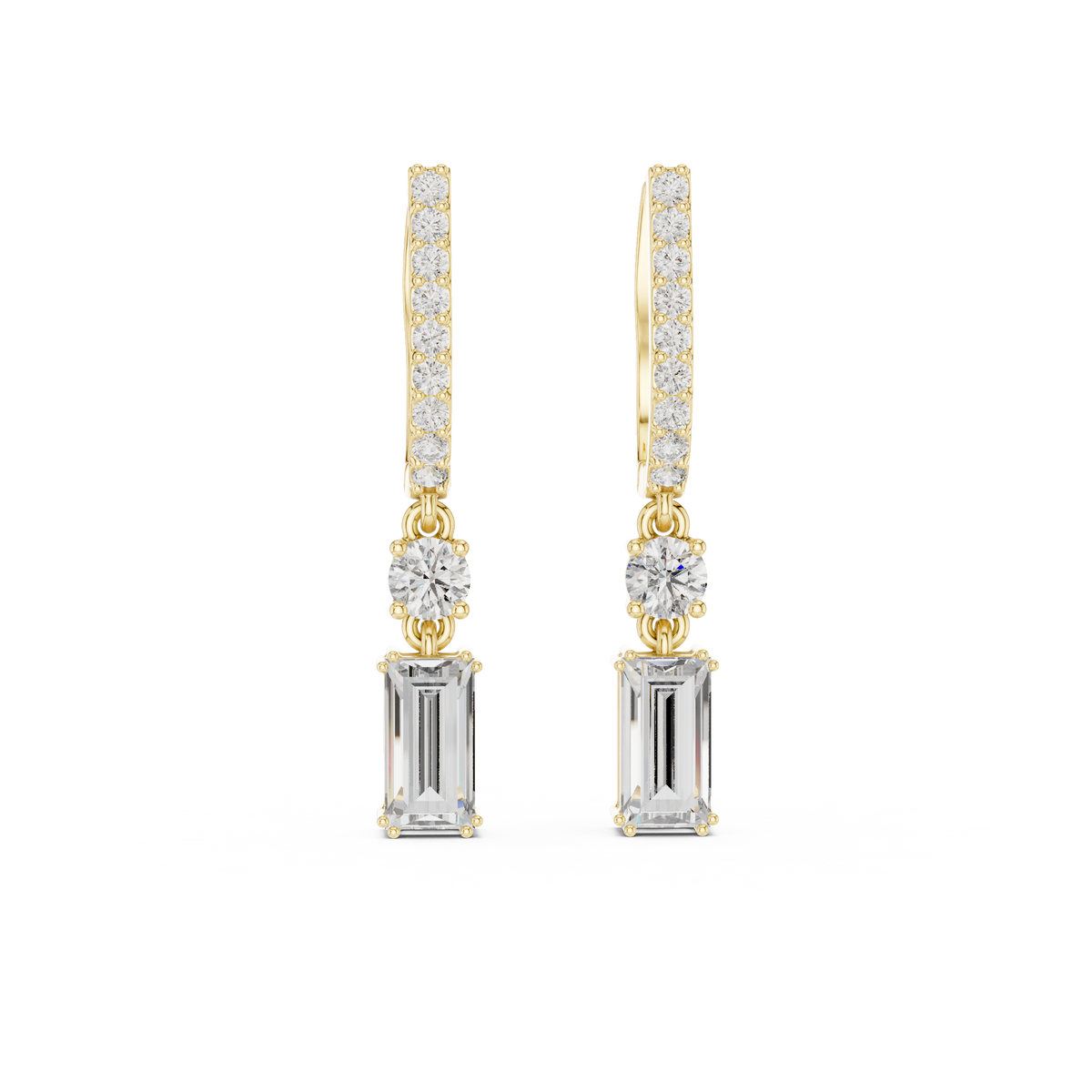 Yellow gold drop earrings with pavé bars and emerald-cut accent stones