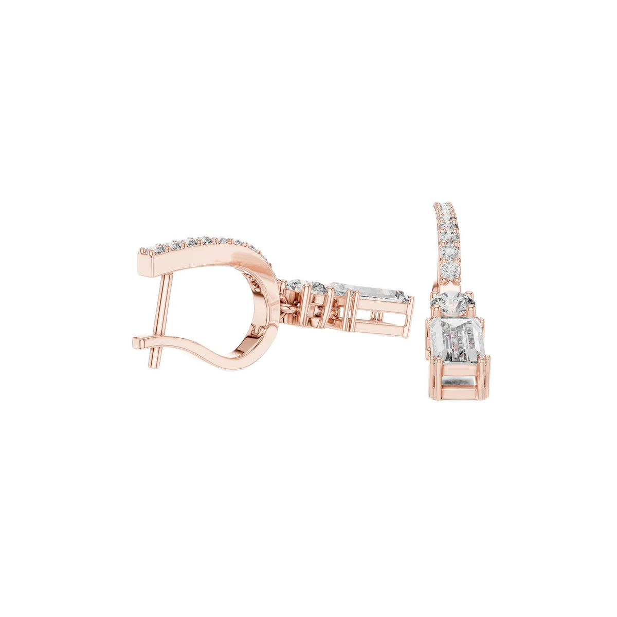 Rose gold drop earrings with pavé hoop detail and emerald-cut accent stones