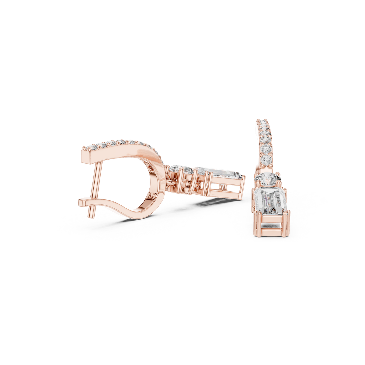 Rose gold drop earrings with pavé hoop detail and emerald-cut accent stones