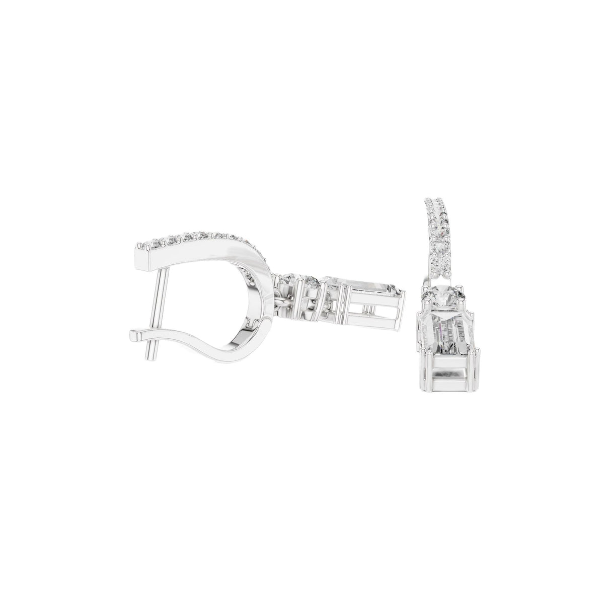 White gold drop earrings with rectangular center stones and pavé baguette details
