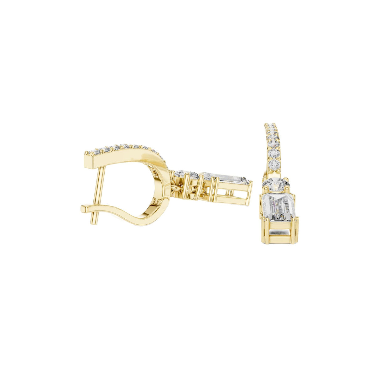 Yellow gold drop earrings with rectangular center stones and pavé baguette details