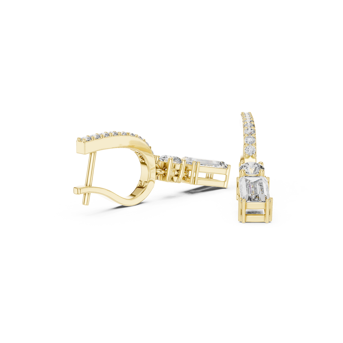 Yellow gold drop earrings with rectangular center stones and pavé baguette details