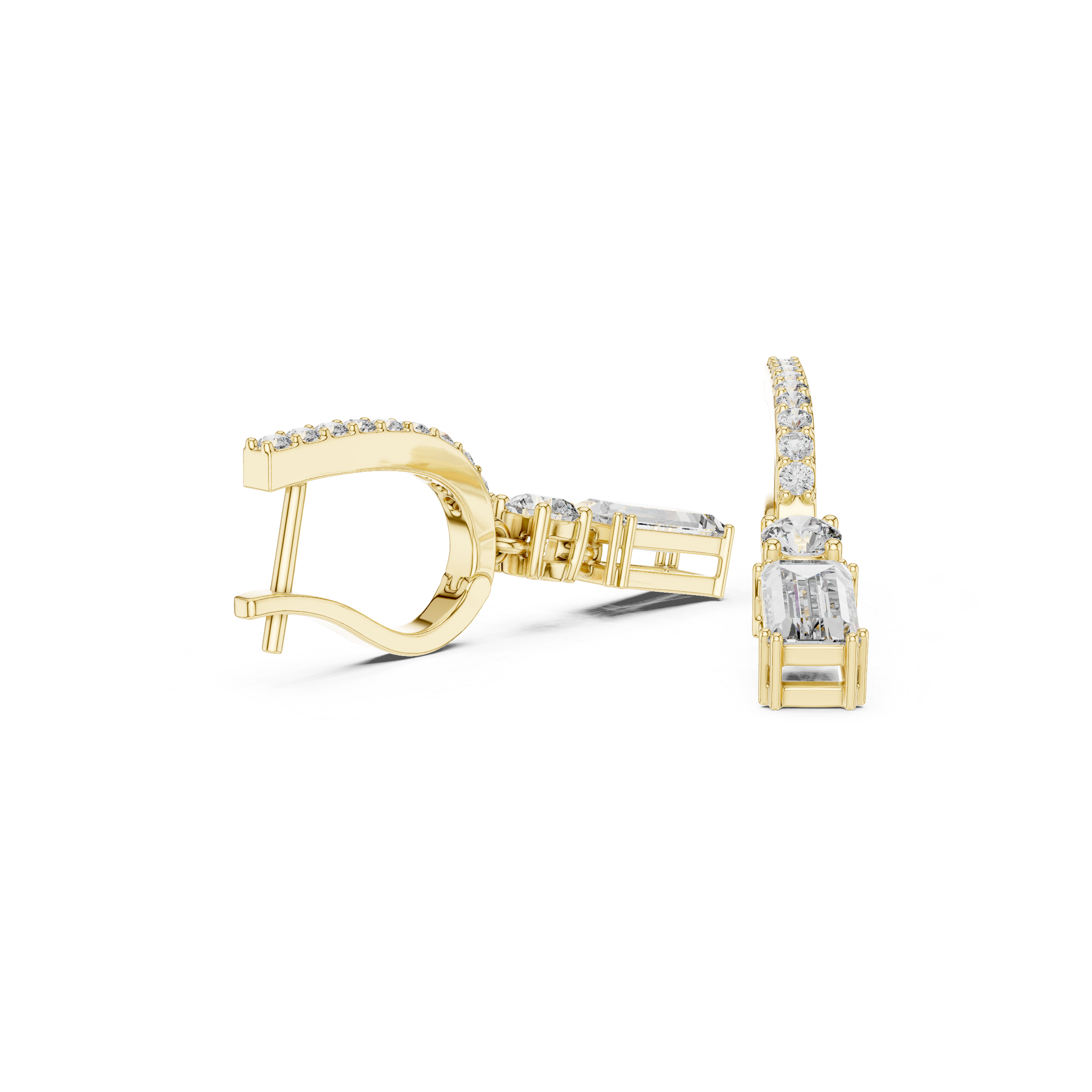 Yellow gold drop earrings with rectangular center stones and pavé baguette details