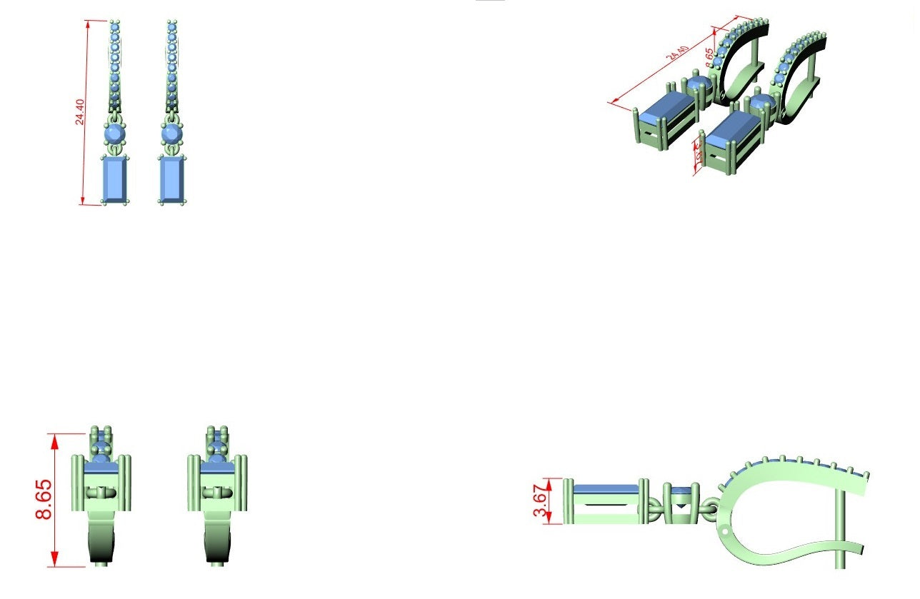 Earring design diagram with hoop frame and gemstone drop elements