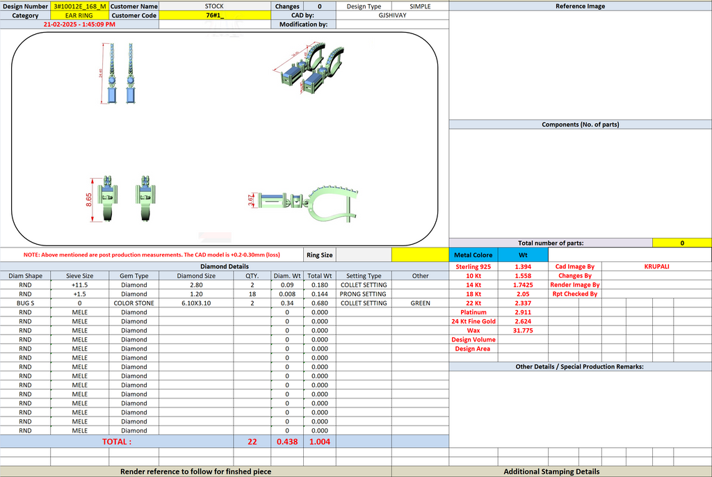 Earring CAD view showing hoop and gemstone drop components