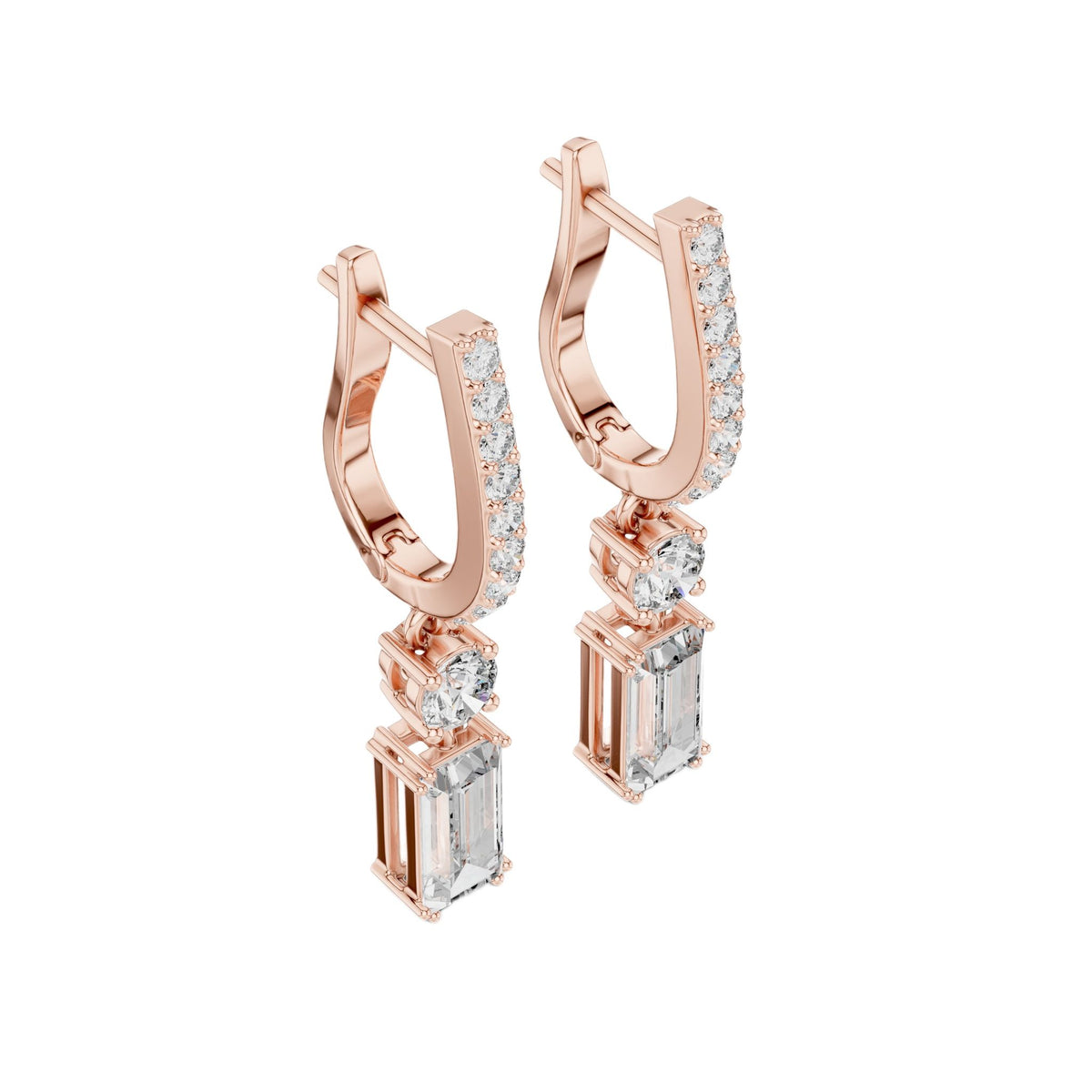 Rose gold drop earrings with baguette pavé hoops and emerald-cut accent stones