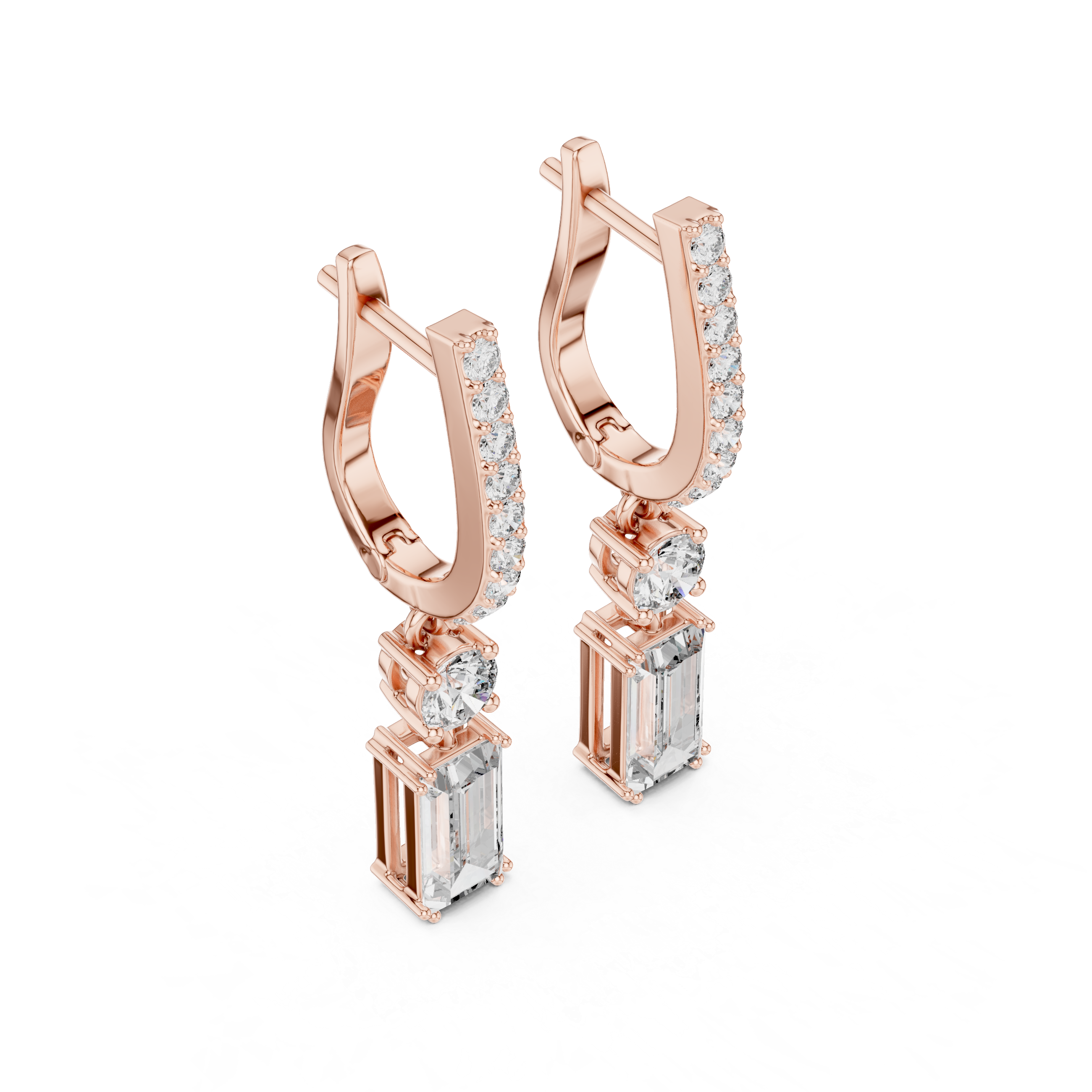 Rose gold hoop earrings with pavé detail and dangling baguette-style stones