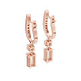 Rose gold drop earrings with pavé hoop settings and emerald-cut accent stones