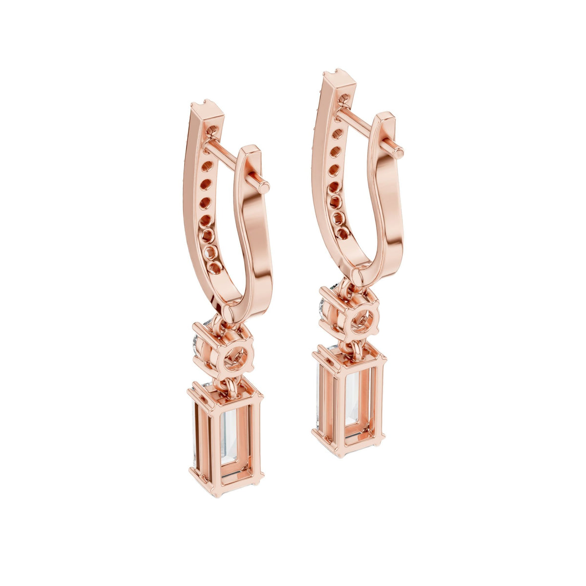 Rose gold drop earrings with pavé hoop settings and emerald-cut accent stones