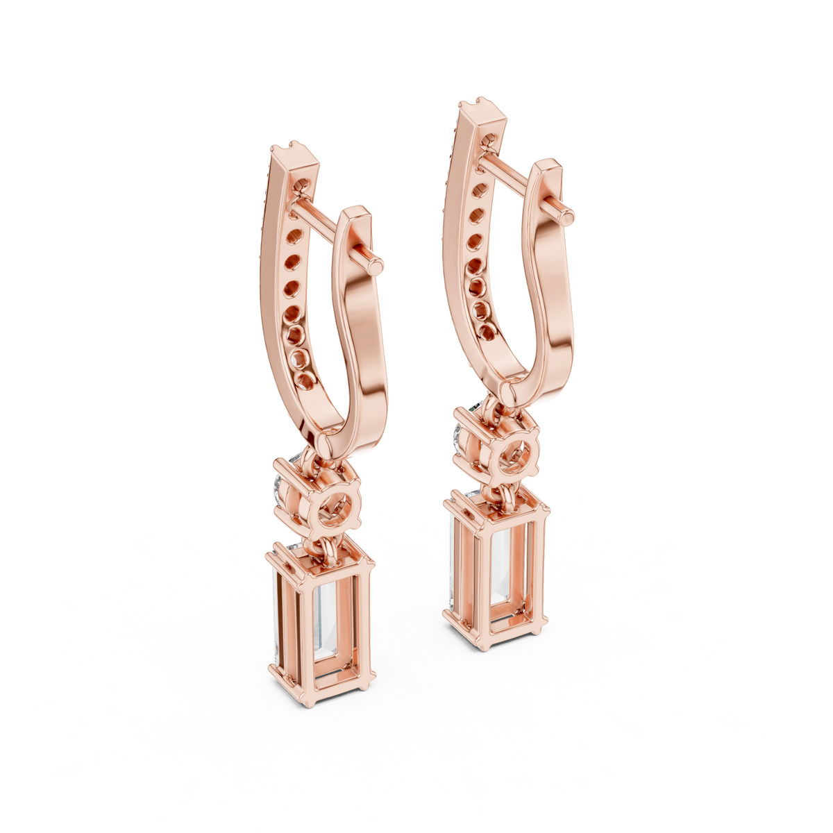 Rose gold drop earrings with pavé hoop settings and emerald-cut accent stones