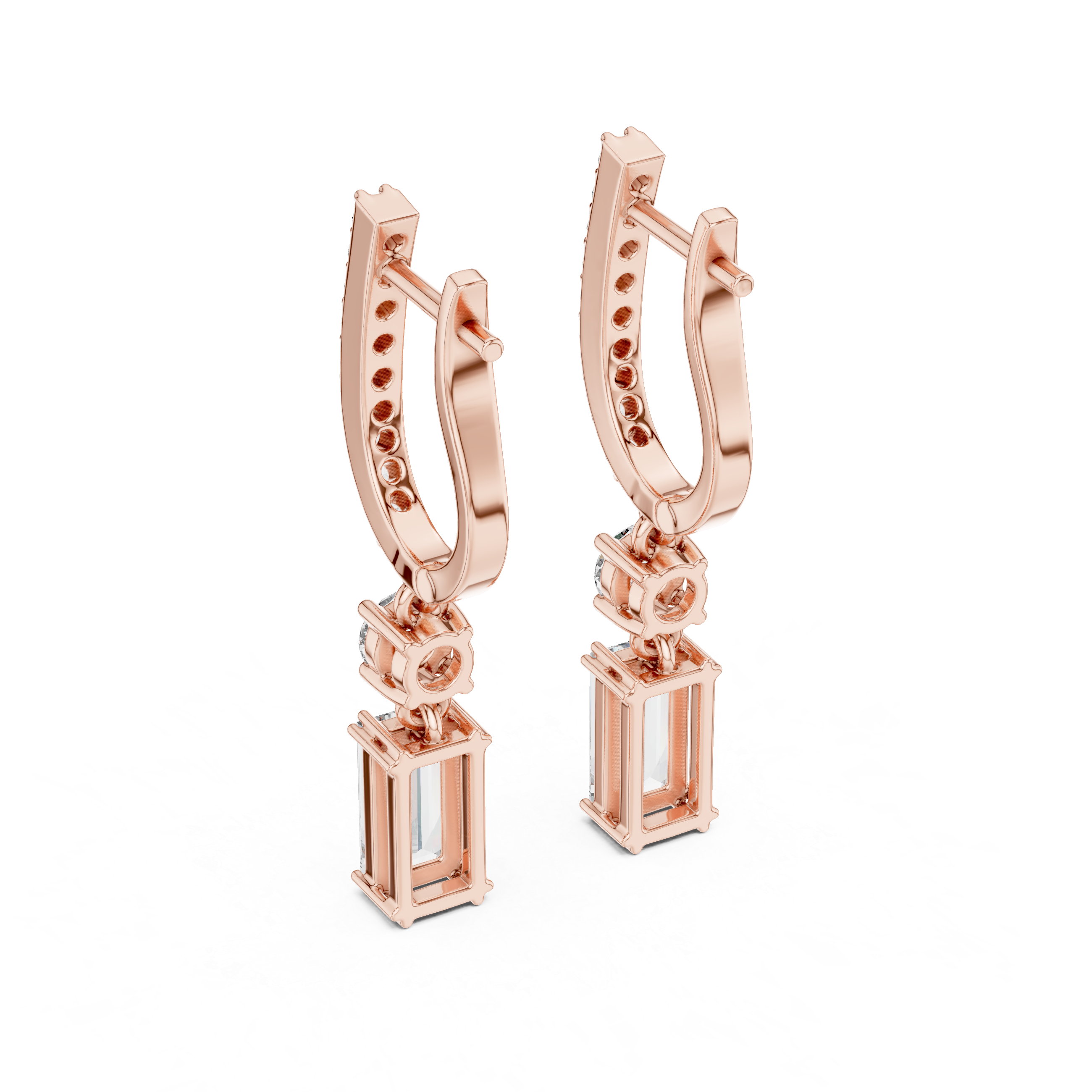 Rose gold hoop earrings with pavé accents and baguette-style stone drop