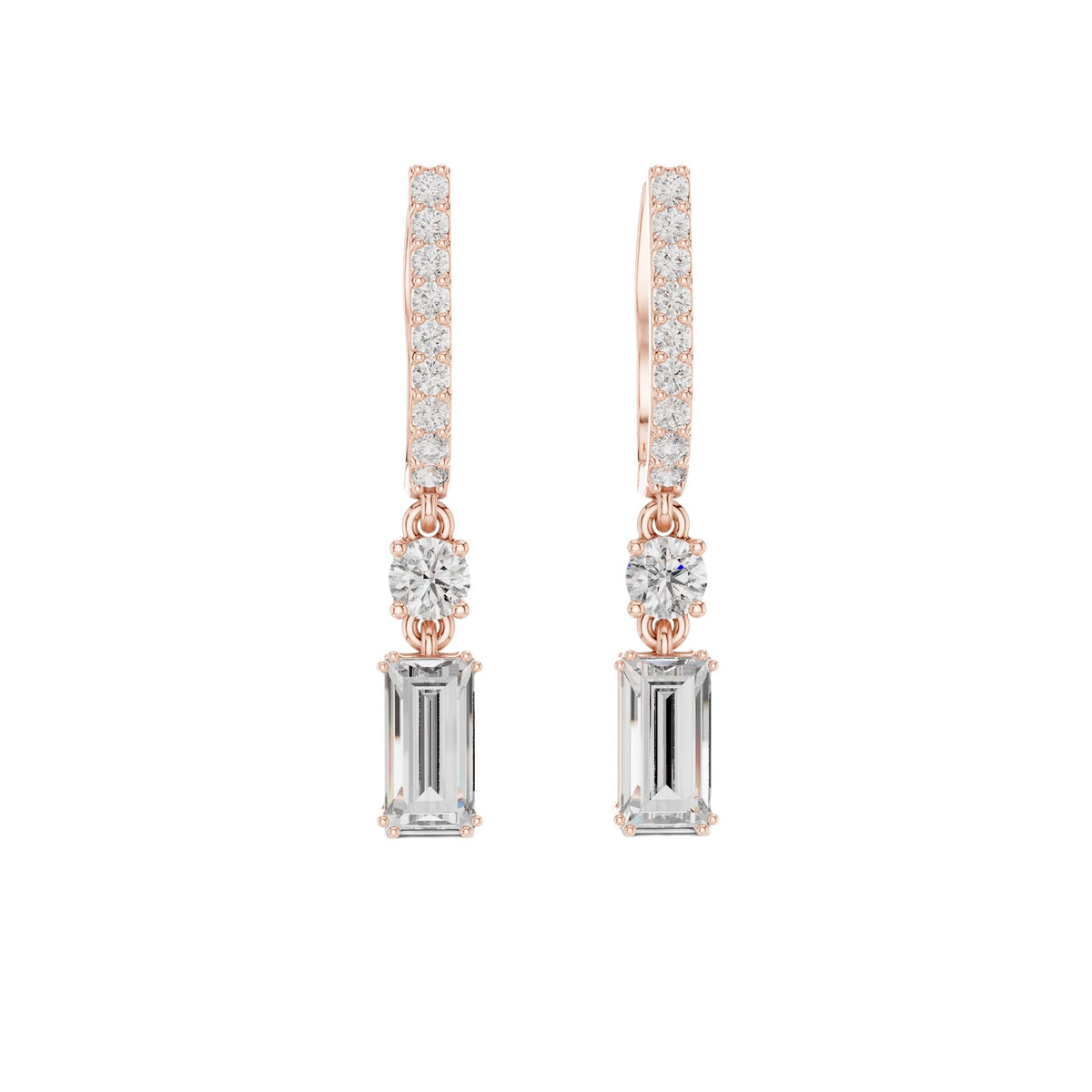 Rose gold baguette drop earrings with pavé rows and emerald-cut accent stones