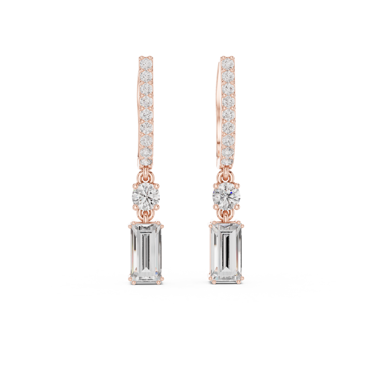Rose gold baguette drop earrings with pavé rows and emerald-cut accent stones