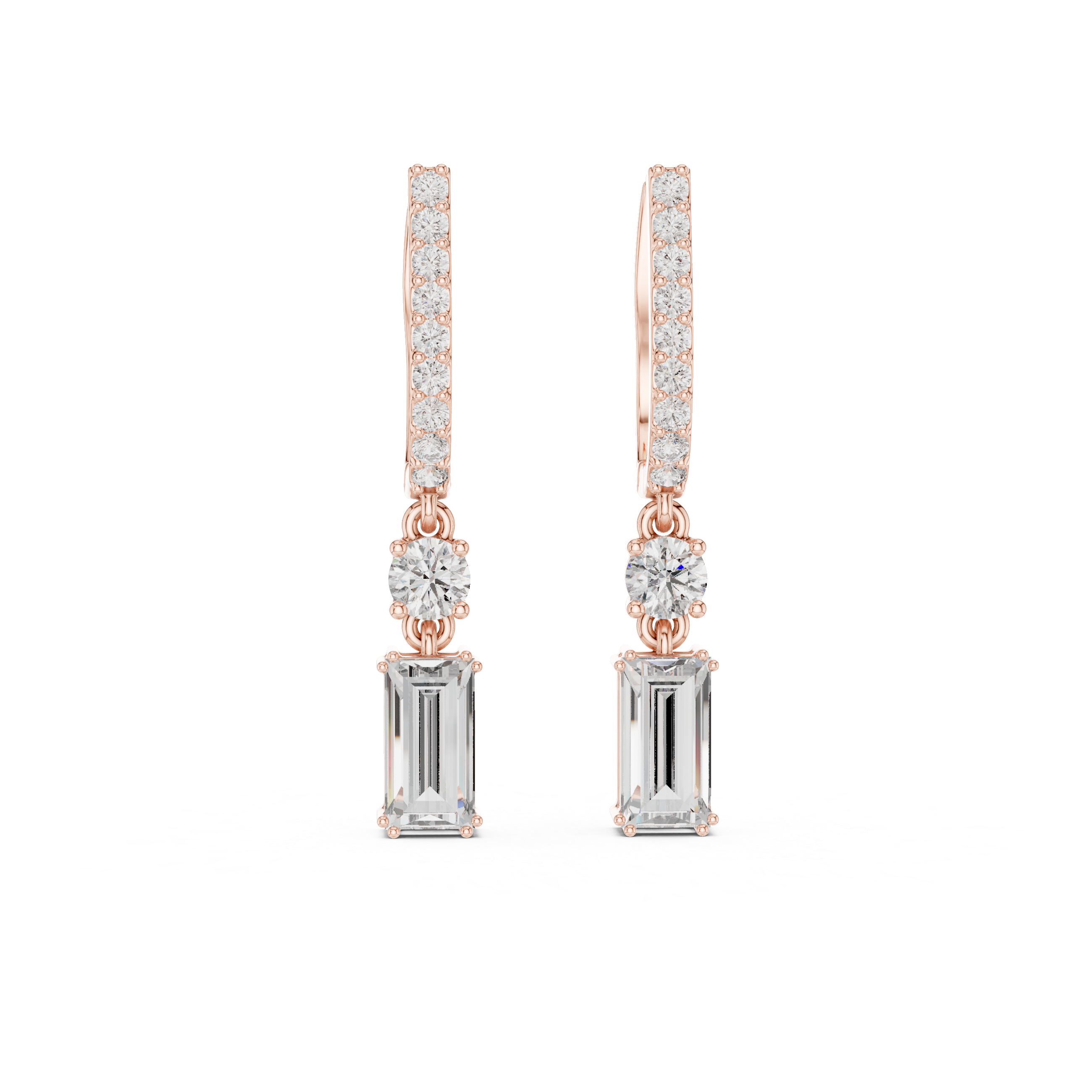 Rose gold dangle earrings with pavé bands and baguette-style stones