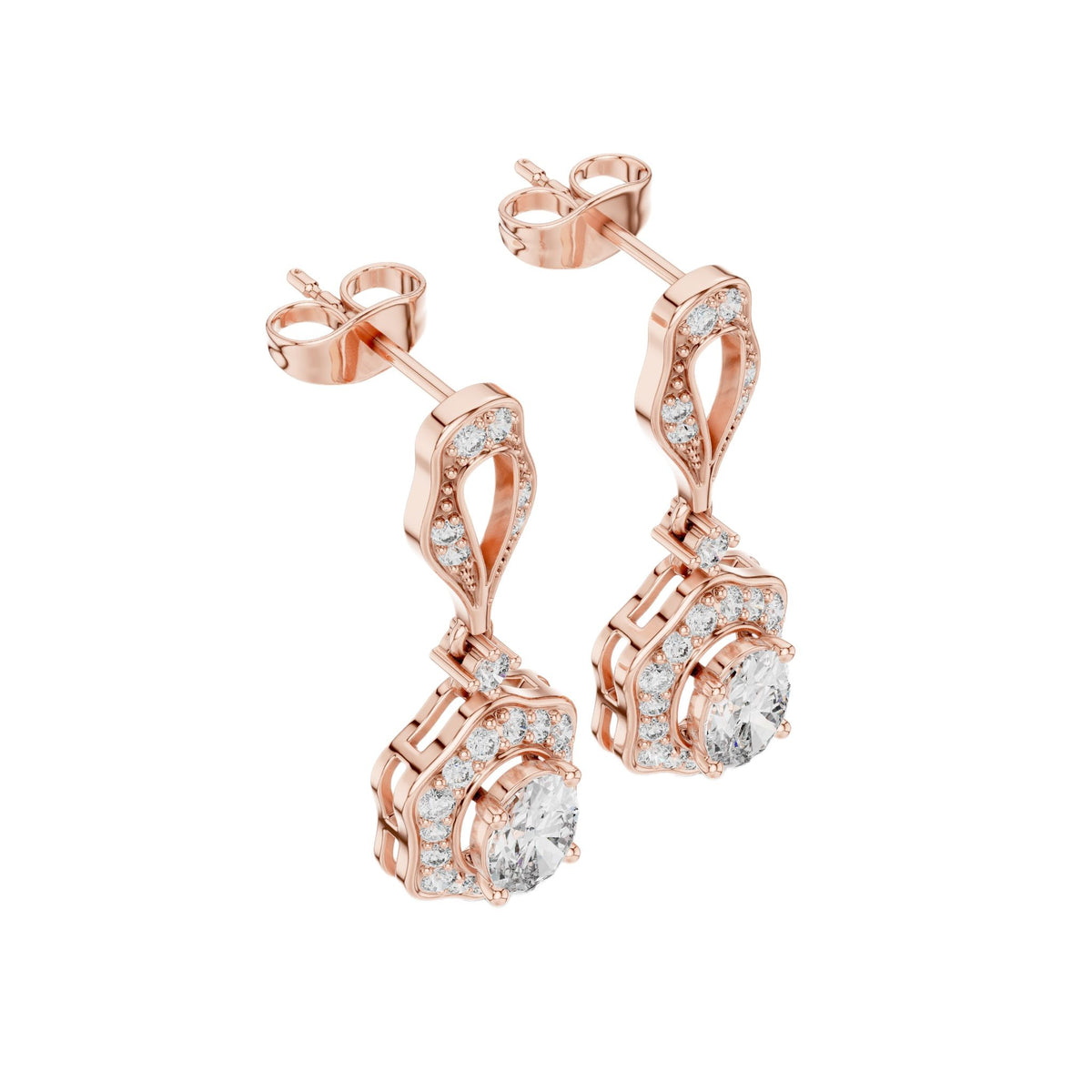 Oval cut drop earrings in rose gold with openwork oval framing and diamond accents