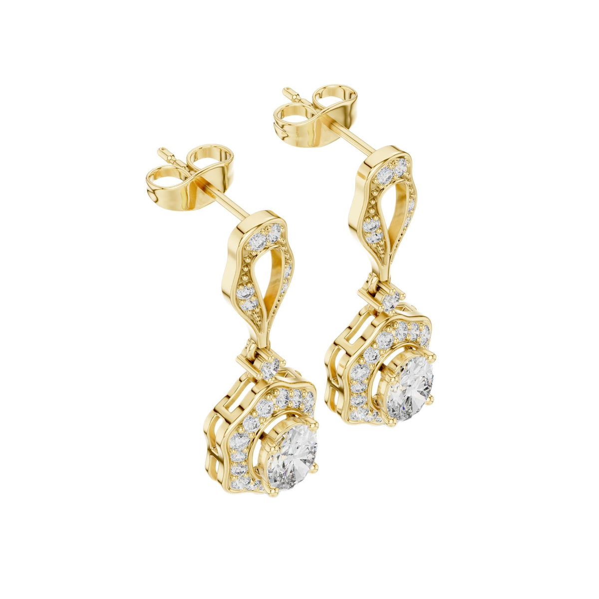 Oval cut drop earrings in yellow gold with openwork oval framing and diamond accents