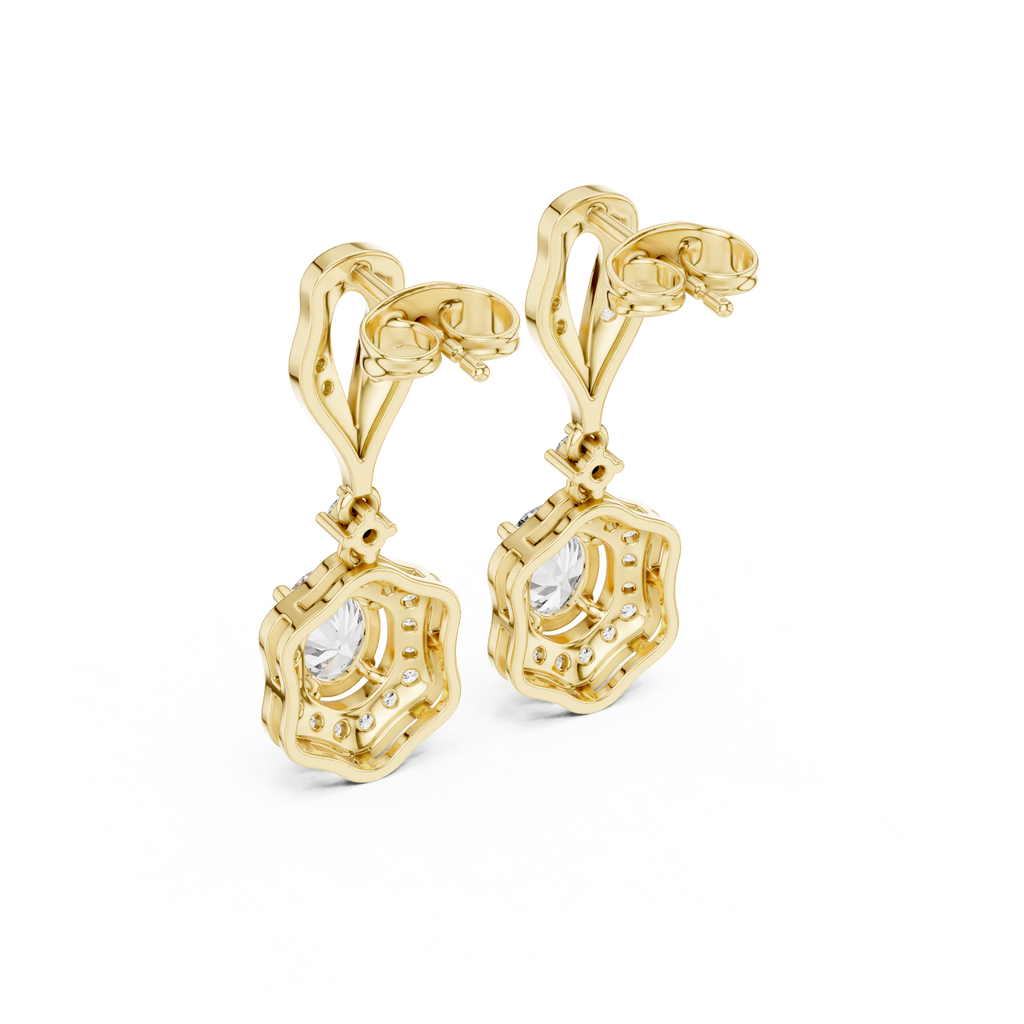 Yellow gold square-link drop earrings with clear stones in halo settings