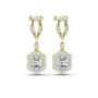 Yellow gold drop earrings with diamond-shaped halos and round center stones