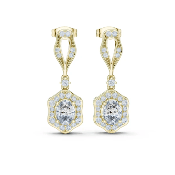 Yellow gold drop earrings with diamond-shaped halos and round center stones