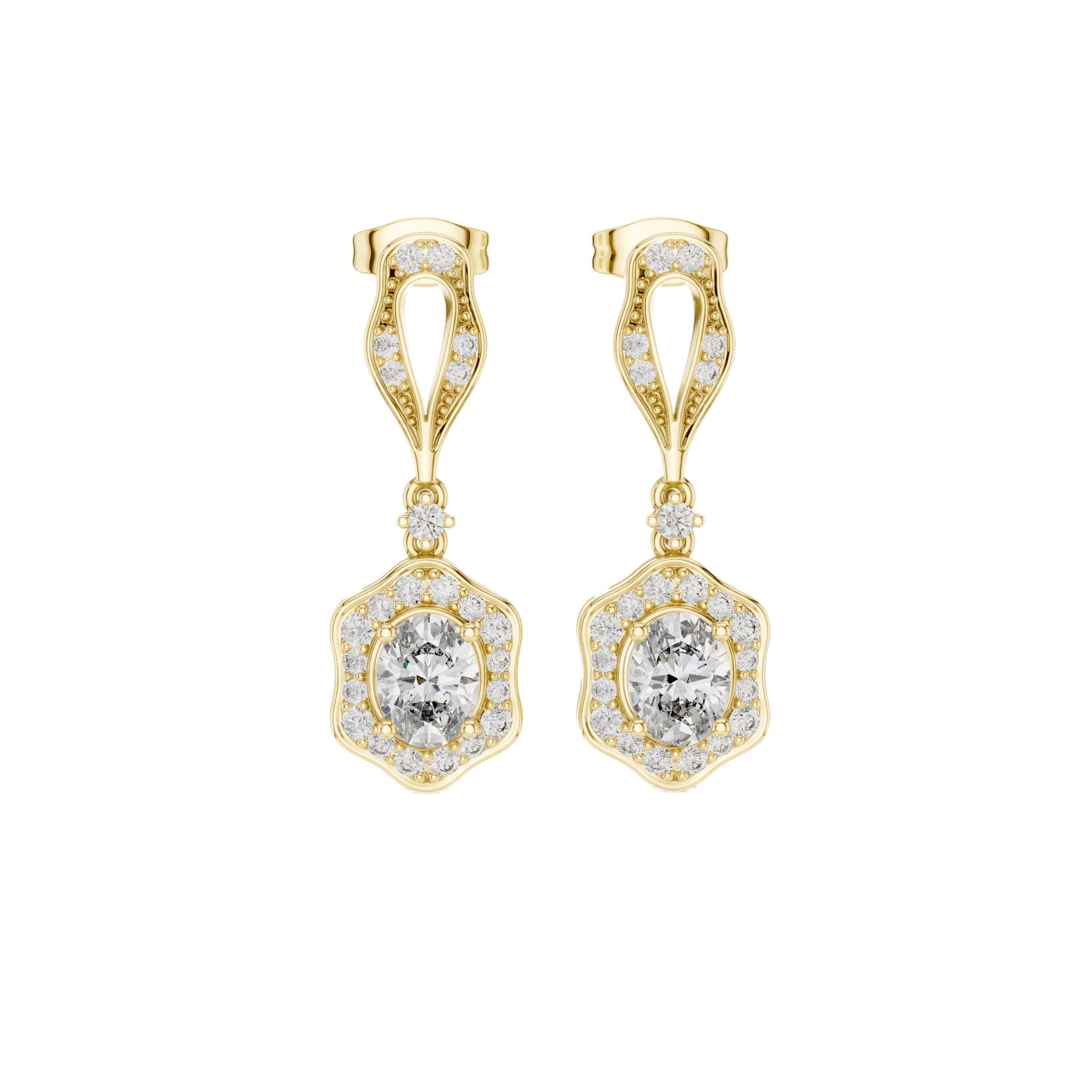 Yellow gold oval cut drop earrings with halo diamonds and openwork oval top frames