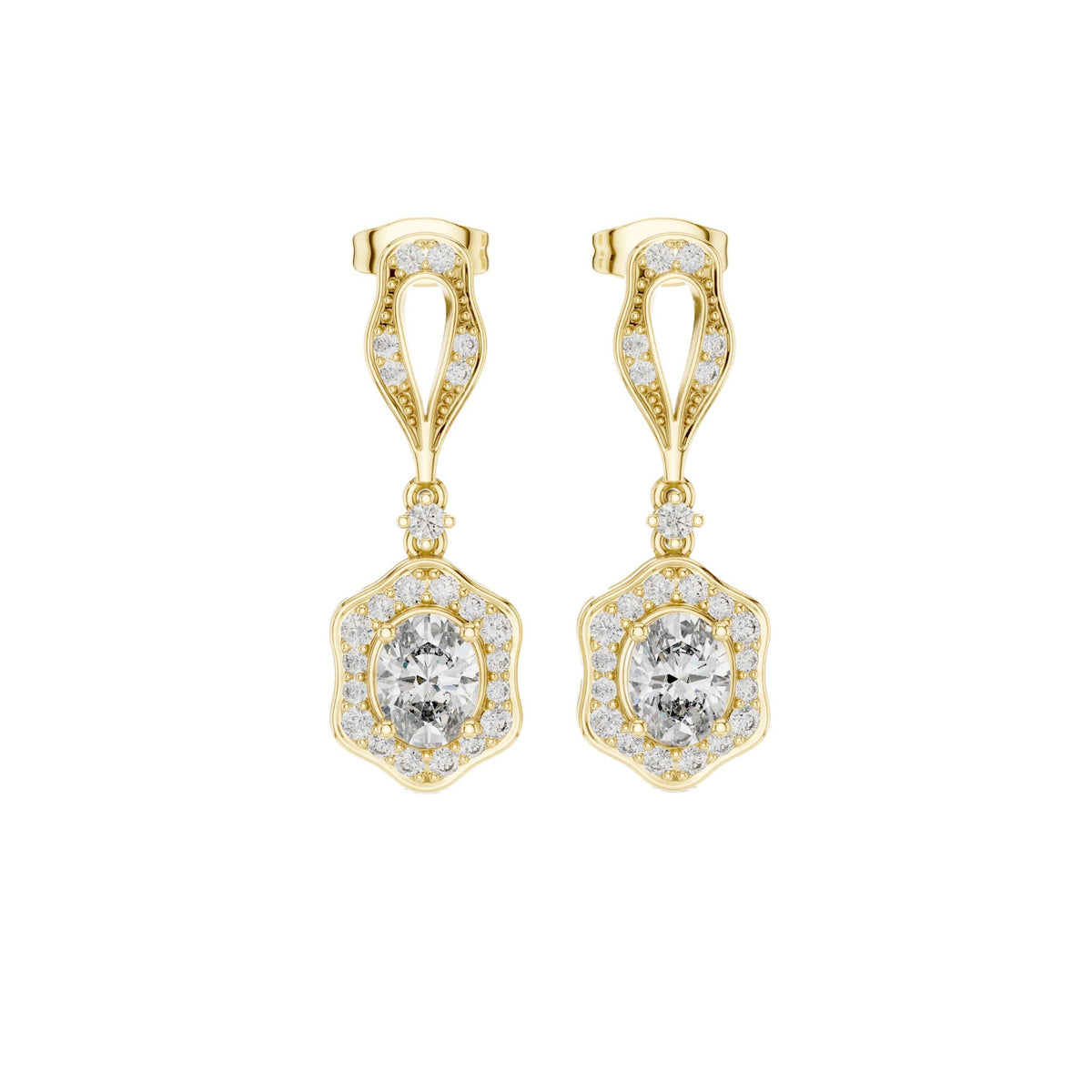 Yellow gold oval cut drop earrings with halo diamonds and openwork oval top frames