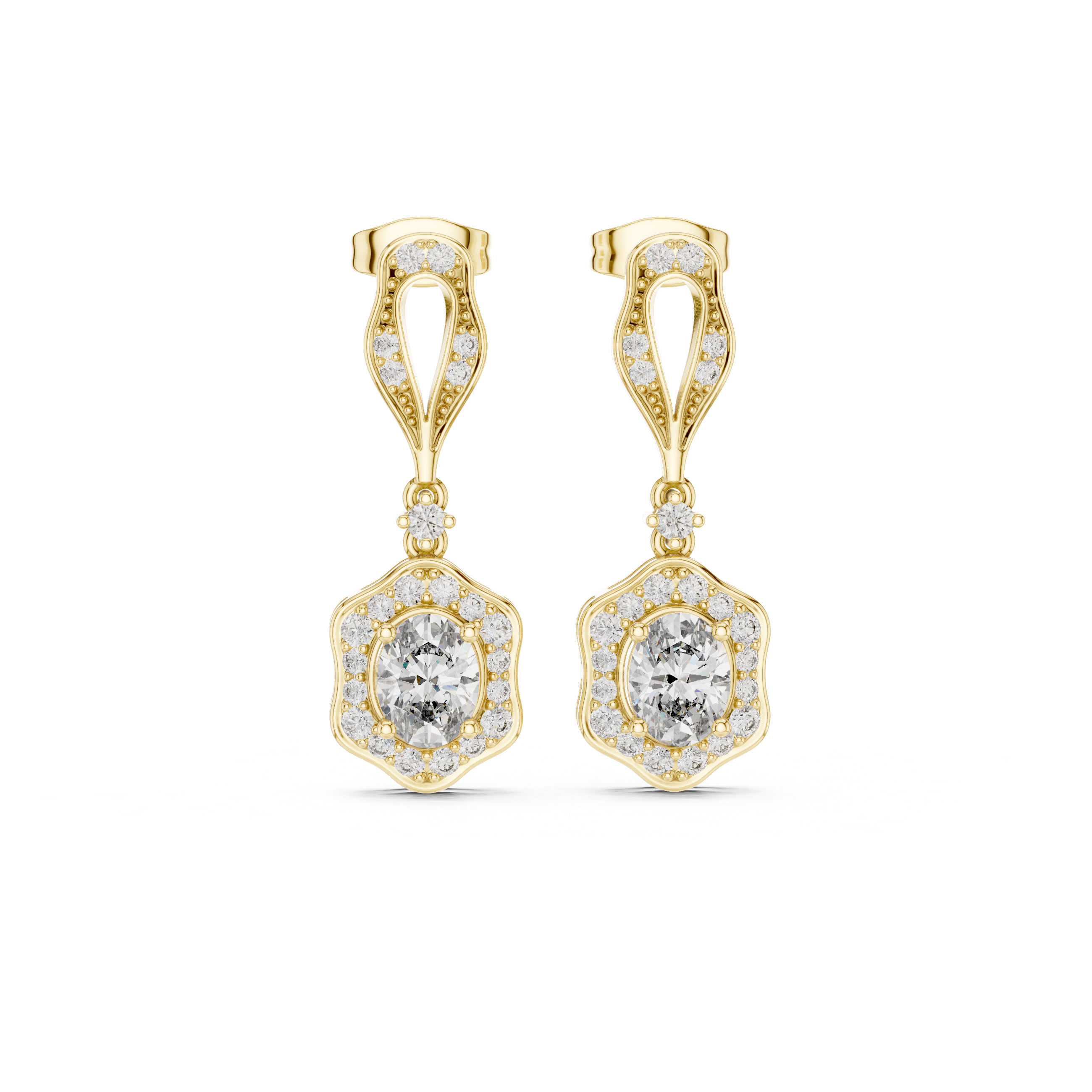 Yellow gold oval cut drop earrings with halo diamonds and openwork oval top frames