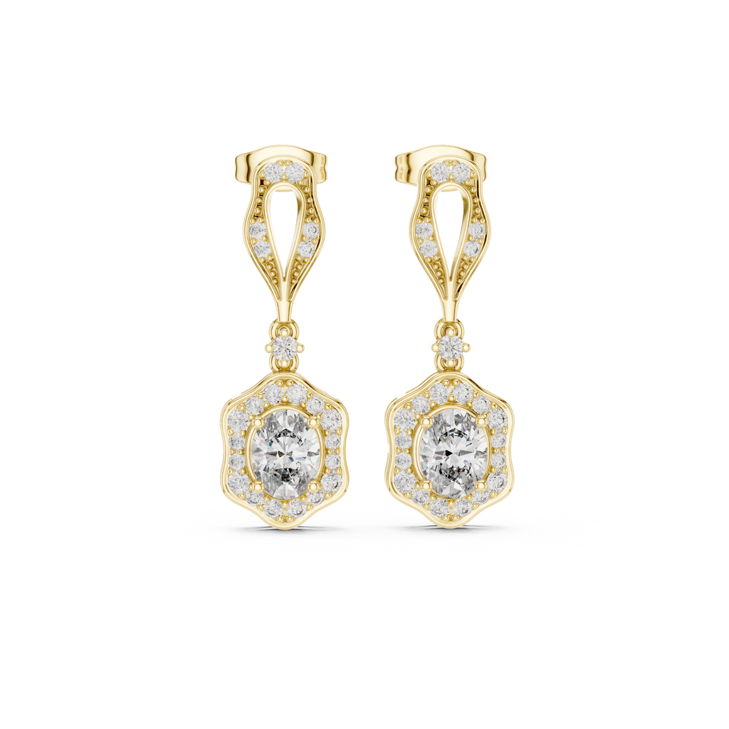 Yellow gold dangling earrings with pear top frames and round clear stones