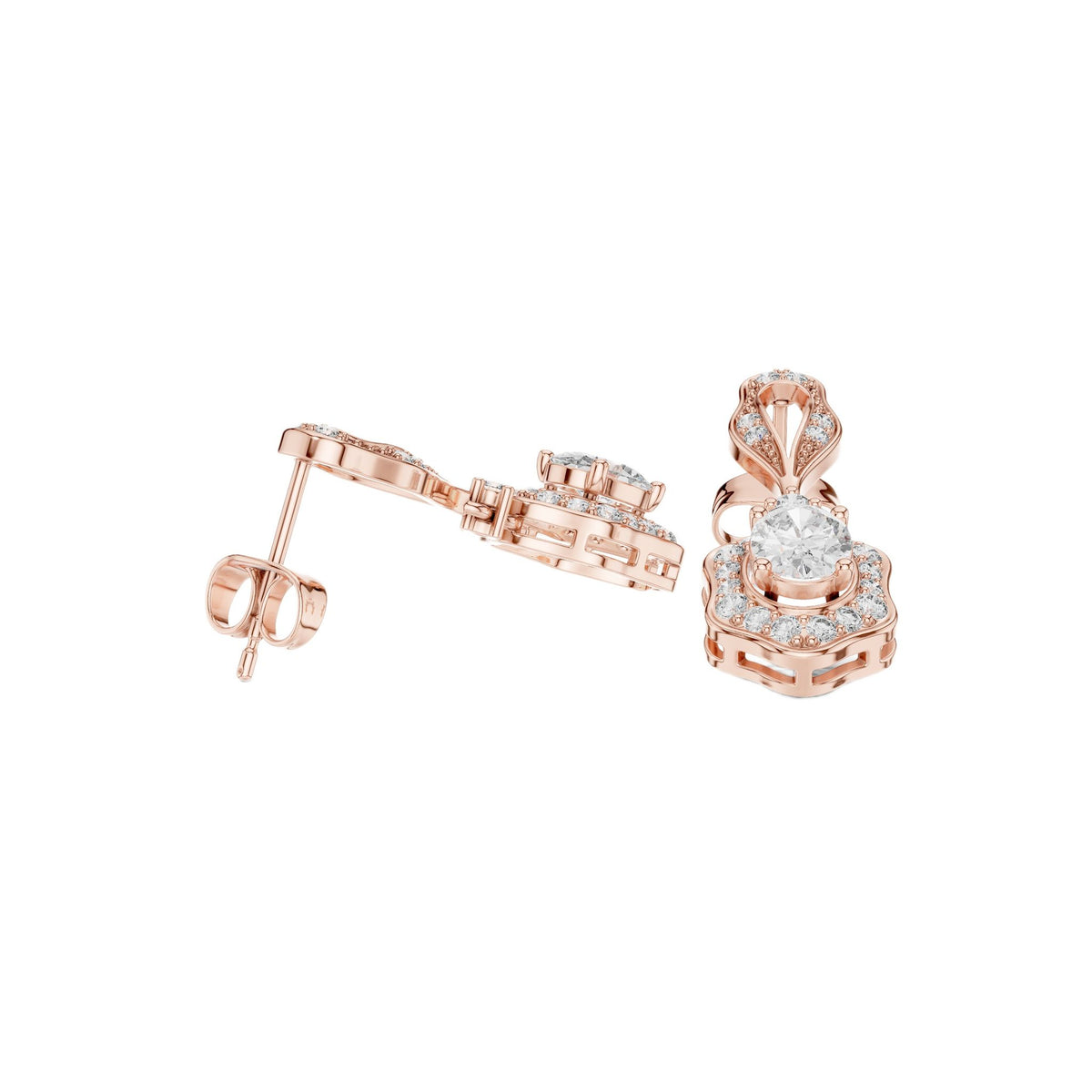 Rose gold oval cut drop earrings shown from the side with openwork oval diamond settings