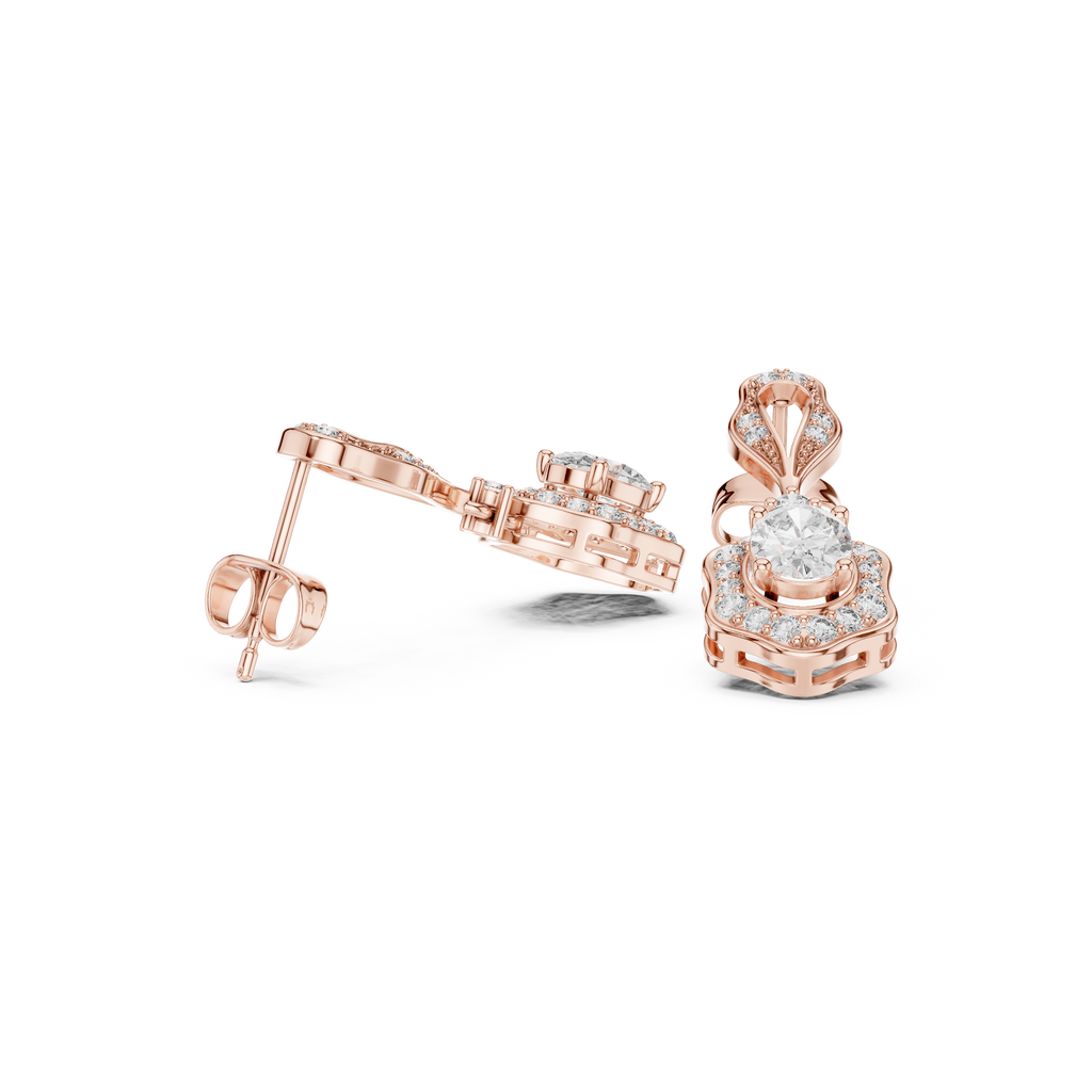 Rose gold diamond stud earrings with halo cluster design