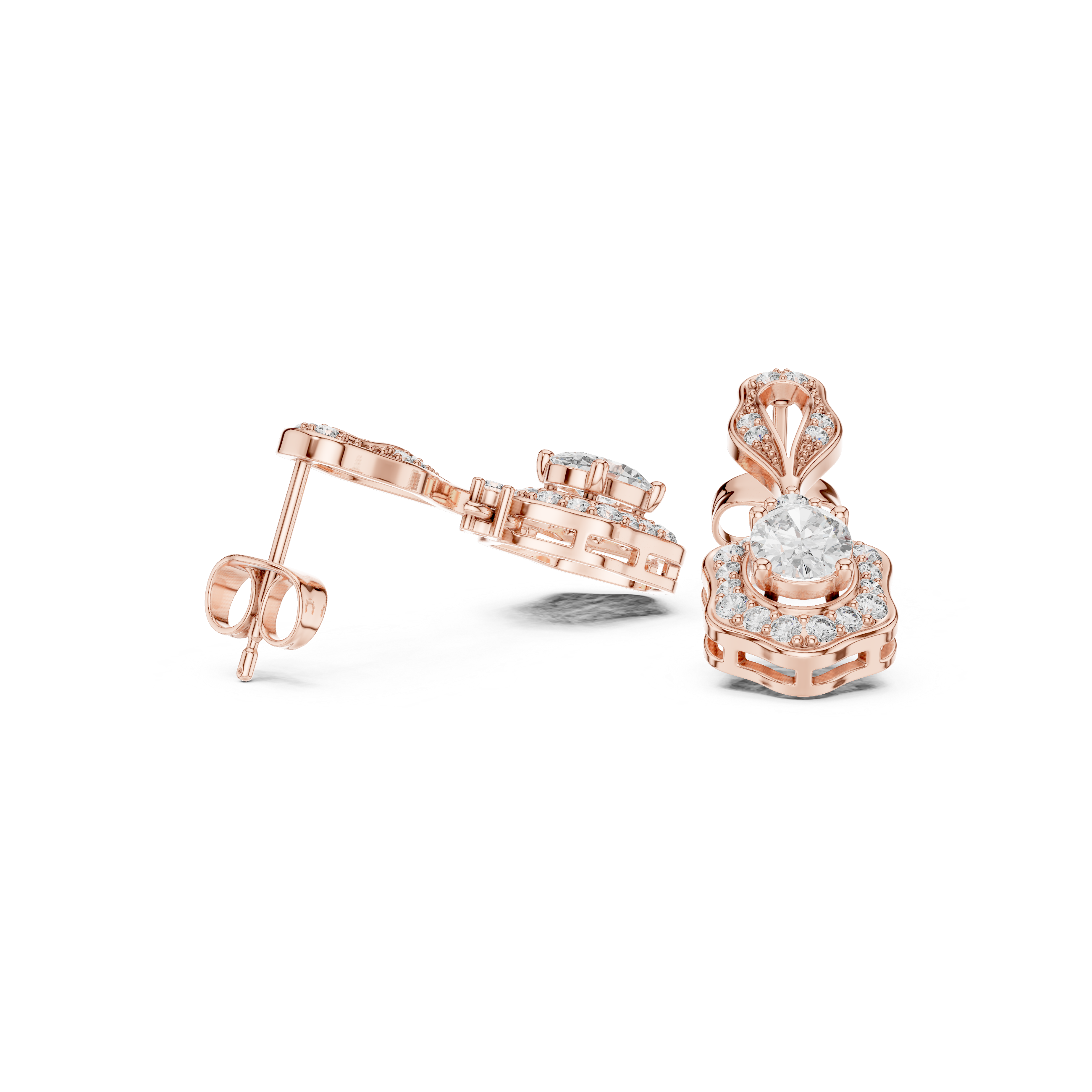 Rose gold diamond stud earrings with halo cluster design
