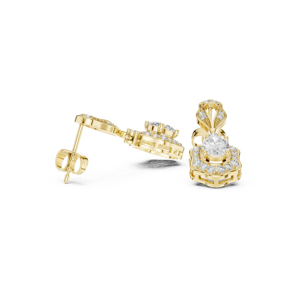 Yellow gold diamond stud earrings with halo cluster design