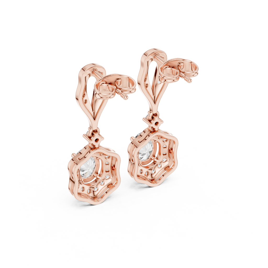 Rose gold square-link drop earrings with clear stones in halo settings