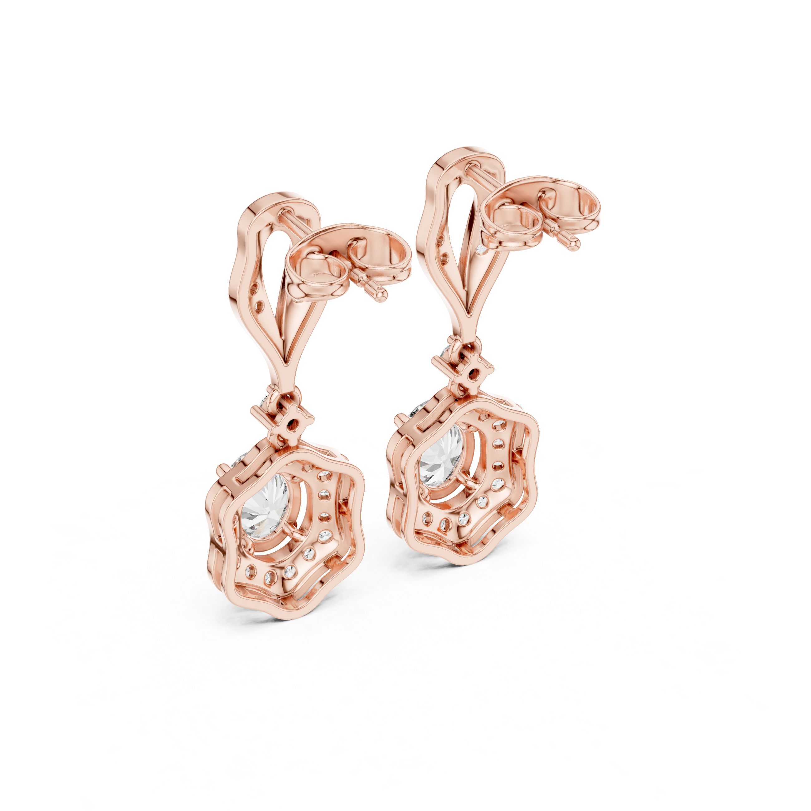 Rose gold square-link drop earrings with clear stones in halo settings