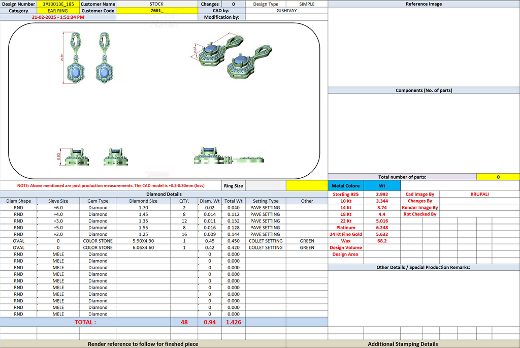 Earring components chart on jewelry design worksheet with metal and size tables